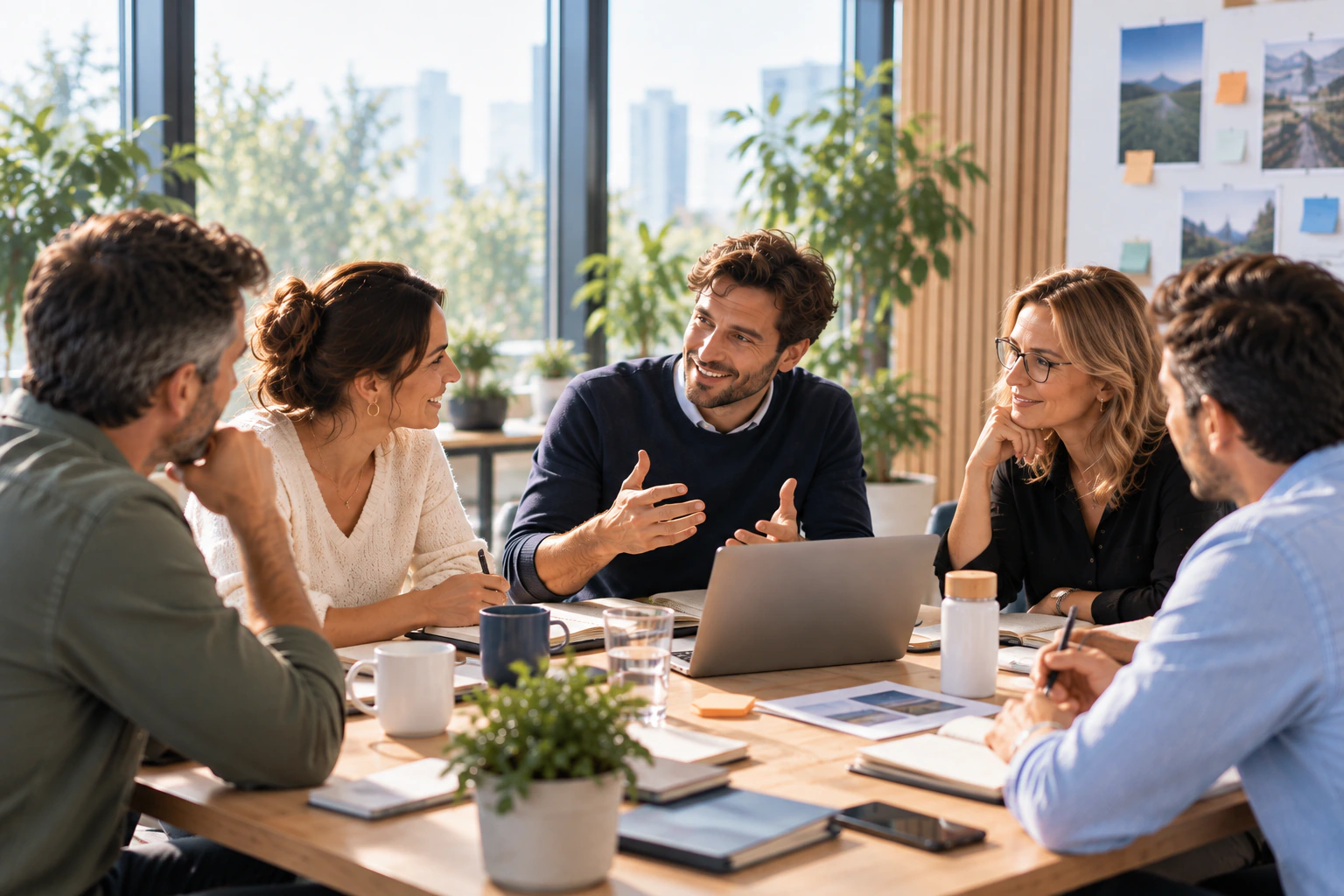 Réunion de travail entre consultants Coaptiv et clients autour d’une table.